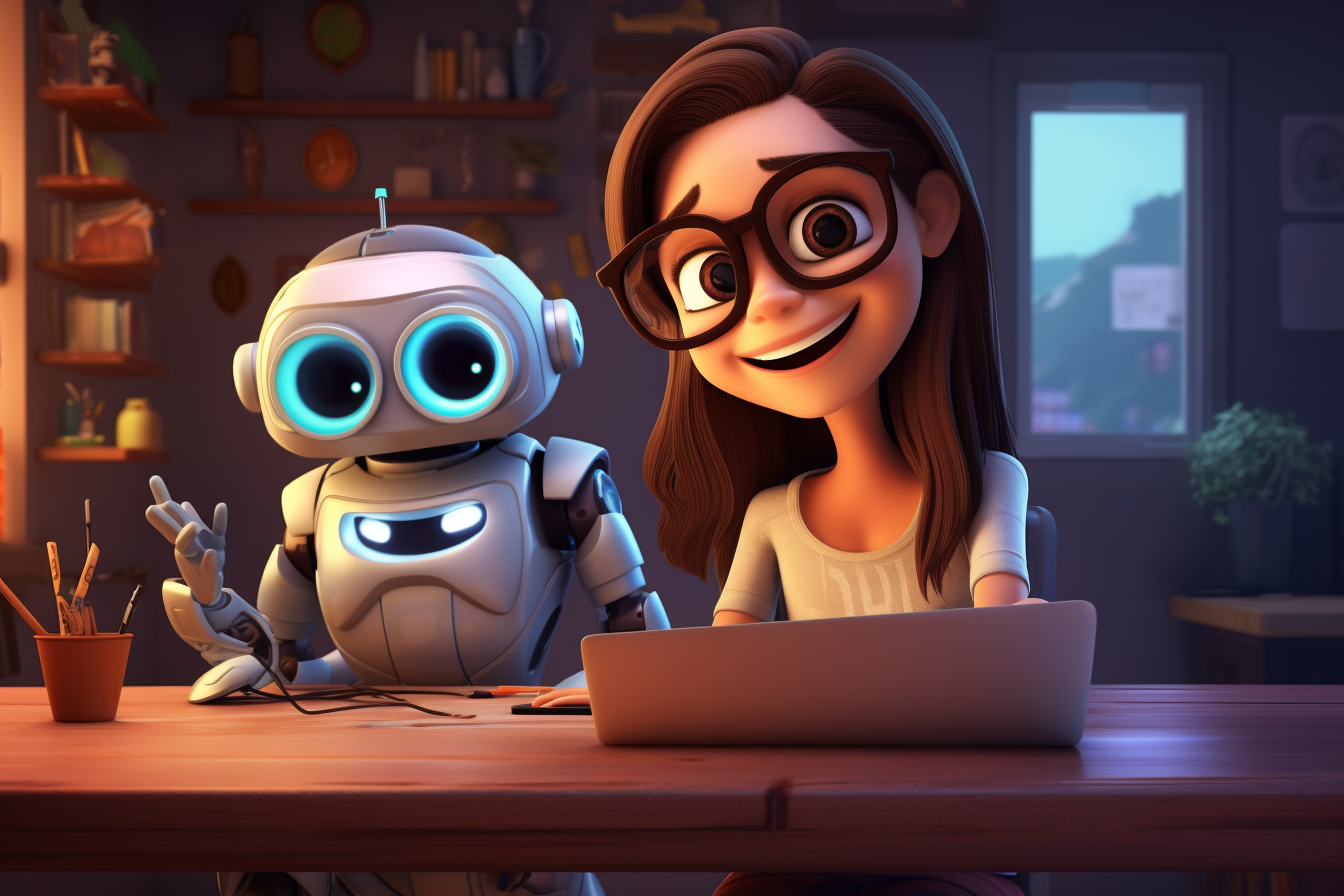 A 3d cartoon of an adorable robot and a woman in her mid 30's smiling as they work on a laptop together.