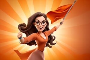 3d cartoon of a woman in her mid-30's waving an orange flag against a revolutionary orange backdrop.